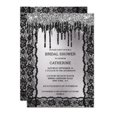 Black silver lace glitter dark moody luxurious Invitations