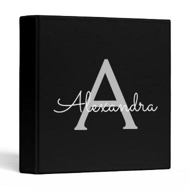 Black Silver Modern Script Girly Monogram Name 3 Ring Binder