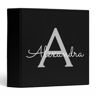 Black Silver Modern Script Girly Monogram Name 3 Ring Binder