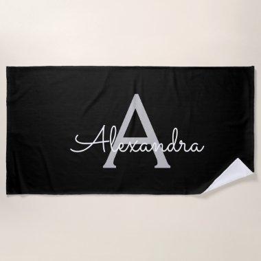 Black Silver Modern Script Girly Monogram Name Beach Towel