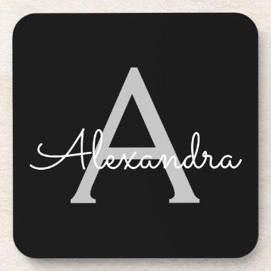Black Silver Modern Script Girly Monogram Name Beverage Coaster