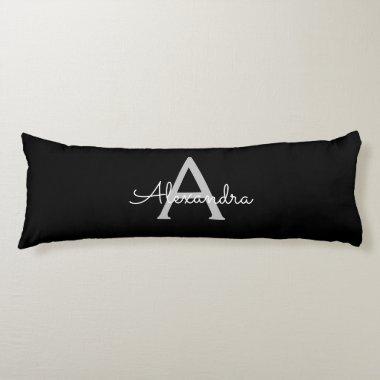 Black Silver Modern Script Girly Monogram Name Body Pillow