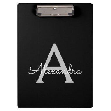 Black Silver Modern Script Girly Monogram Name Clipboard
