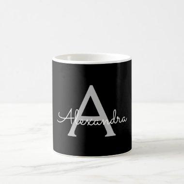 Black Silver Modern Script Girly Monogram Name Coffee Mug