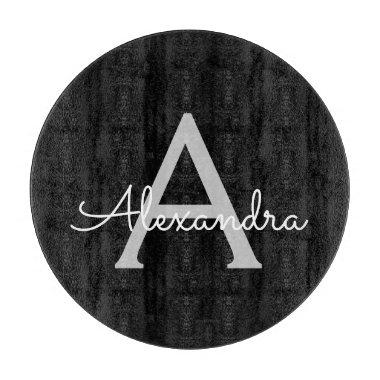 Black Silver Modern Script Girly Monogram Name Cutting Board