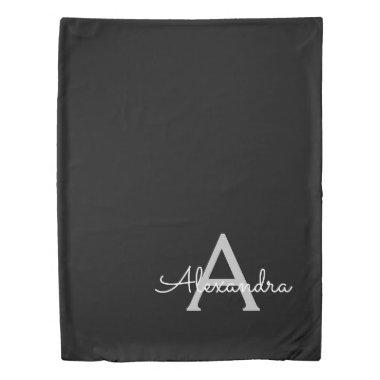 Black Silver Modern Script Girly Monogram Name Duvet Cover