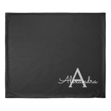 Black Silver Modern Script Girly Monogram Name Duvet Cover