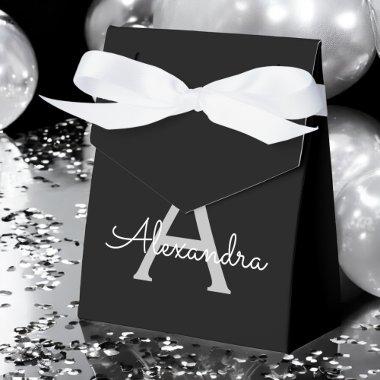 Black Silver Modern Script Girly Monogram Name Favor Boxes