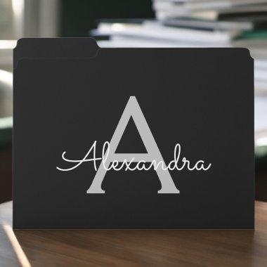 Black Silver Modern Script Girly Monogram Name File Folder