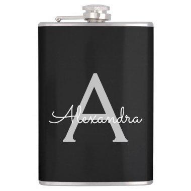 Black Silver Modern Script Girly Monogram Name Flask
