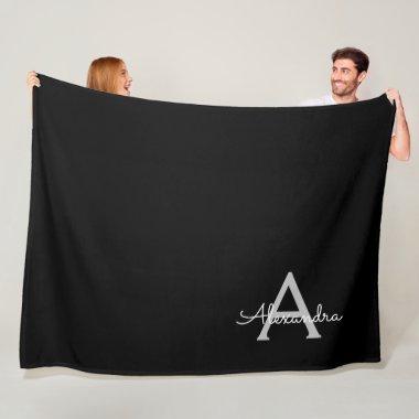 Black Silver Modern Script Girly Monogram Name Fleece Blanket