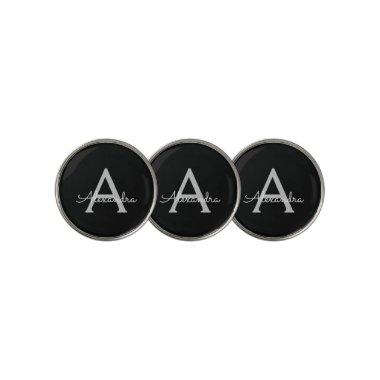 Black Silver Modern Script Girly Monogram Name Golf Ball Marker