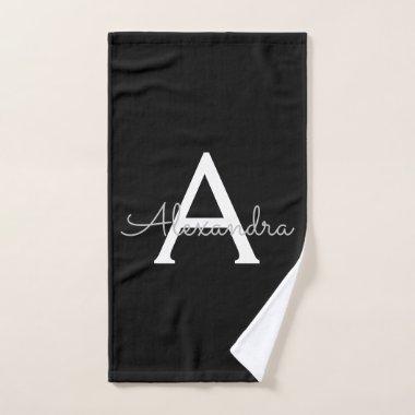 Black Silver Modern Script Girly Monogram Name Hand Towel