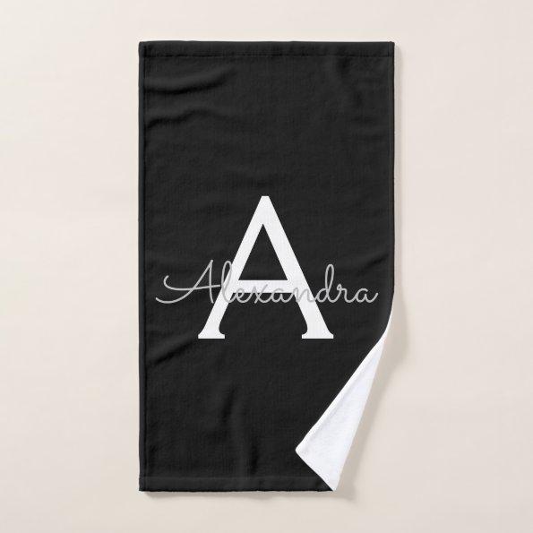 Black Silver Modern Script Girly Monogram Name Hand Towel