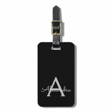 Black Silver Modern Script Girly Monogram Name Luggage Tag