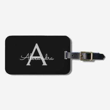 Black Silver Modern Script Girly Monogram Name Luggage Tag
