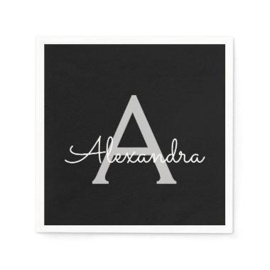 Black Silver Modern Script Girly Monogram Name Napkins