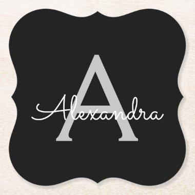 Black Silver Modern Script Girly Monogram Name Paper Coaster