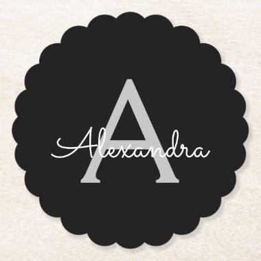 Black Silver Modern Script Girly Monogram Name Paper Coaster