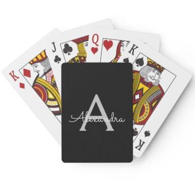 Black Silver Modern Script Girly Monogram Name Poker
