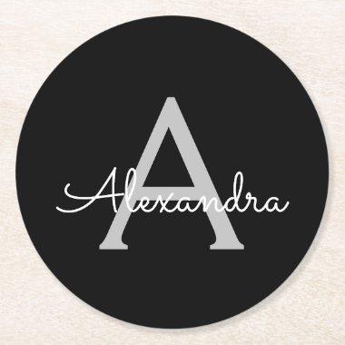 Black Silver Modern Script Girly Monogram Name Round Paper Coaster