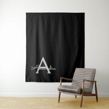 Black Silver Modern Script Girly Monogram Name Tapestry