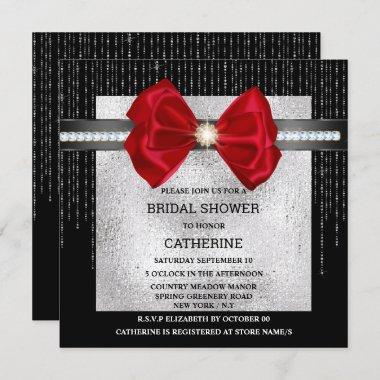 Black silver red bow diamond shimmer chic glam Invitations