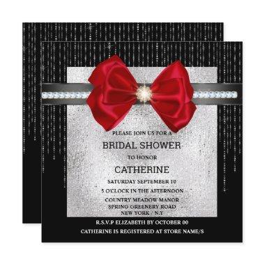 Black silver red bow diamond shimmer chic glam Invitations