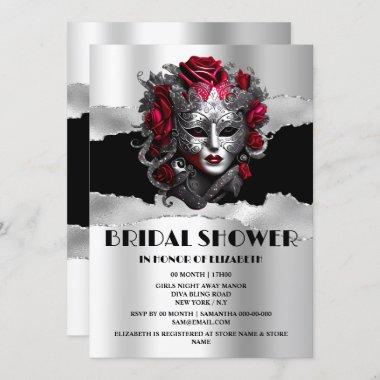 Black silver red rose masquerade bridal shower Invitations