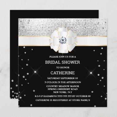 Black silver shimmer bow gold sparkle glitter Invitations