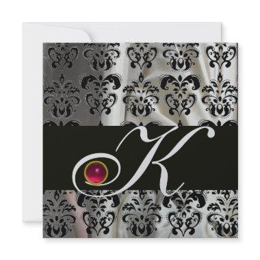 BLACK SILVER SILK DAMASK CLOTH MONOGRAM PINK RUBY Invitations