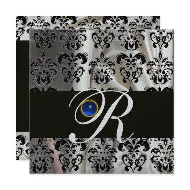 BLACK SILVER SILK DAMASK MONOGRAM BLUE SAPPHIRE
