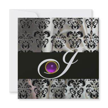 BLACK SILVER SILK DAMASK MONOGRAM PURPLE AMETHYST Invitations