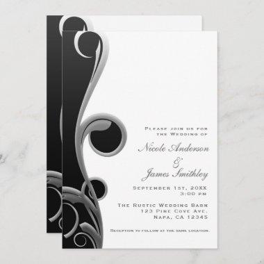 Black Silver White Glam Elegant Swirl Wedding Invitations
