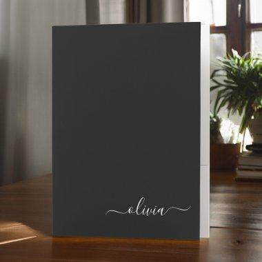 Black Simple Modern Script Monogram Girly Name Pocket Folder