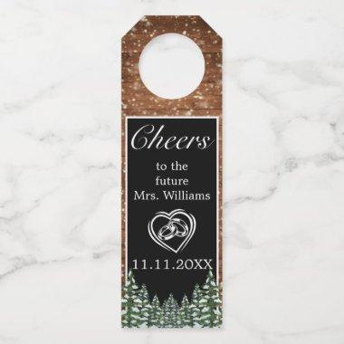 Black Snowy Wood & Forest Cheers Bridal Shower Bottle Hanger Tag