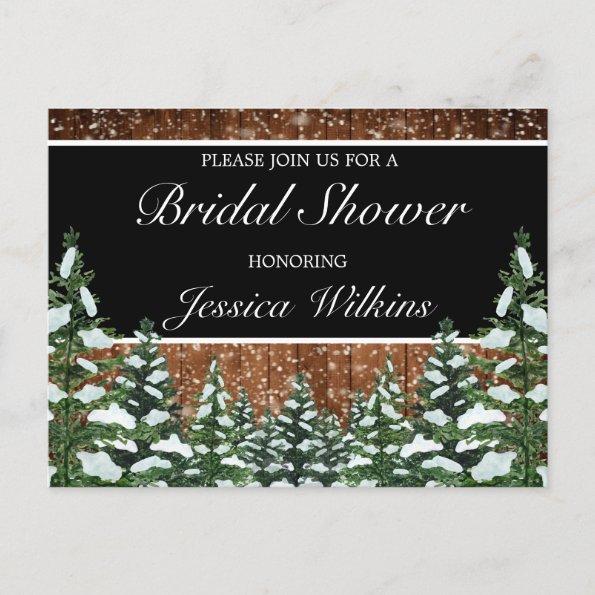 Black Snowy Wood & Forest Pine Bridal Shower Announcement PostInvitations