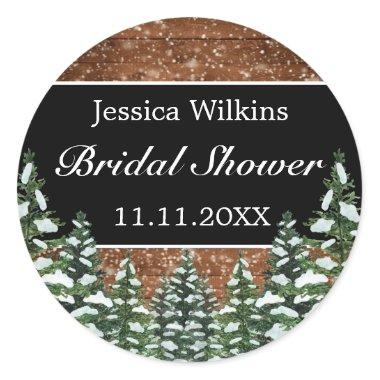 Black Snowy Wood & Forest Pine Bridal Shower Classic Round Sticker