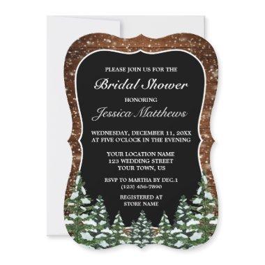 Black Snowy Wood & Forest Pine Bridal Shower Invitations