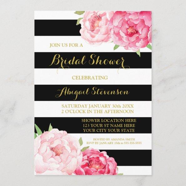 Black Stripe Pink Watercolor Flowers Bridal Shower Invitations
