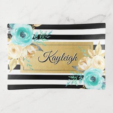 Black Stripe Teal Flower Personalized Trinket Tray
