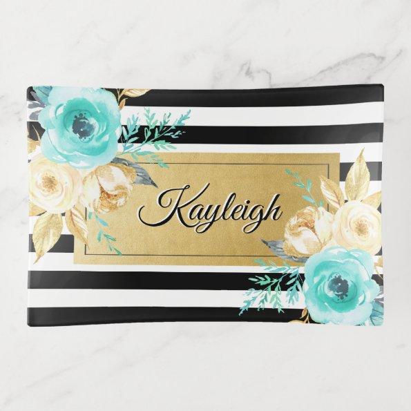 Black Stripe Teal Flower Personalized Trinket Tray
