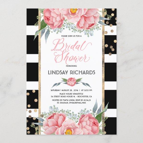Black Stripes Gold and Pink Floral Bridal Shower Invitations