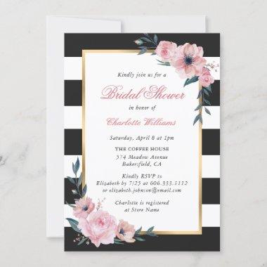 Black Stripes Gold Pink Floral Bridal Shower Invitations