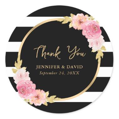 Black Stripes Gold Pink Floral Wedding Thank You Classic Round Sticker