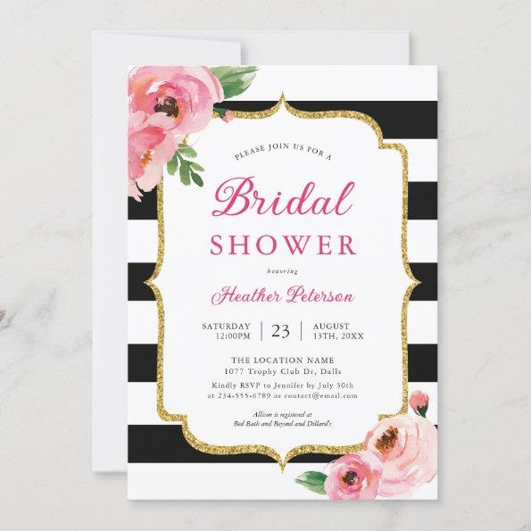 Black Stripes Pink Floral Bridal Shower Invitations