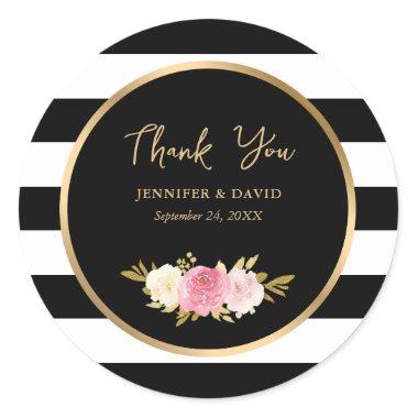 Black Stripes Watercolor Pink Floral Thank You Classic Round Sticker