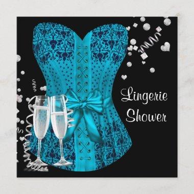 Black Teal Blue Corset Lingerie Bridal Shower Invitations