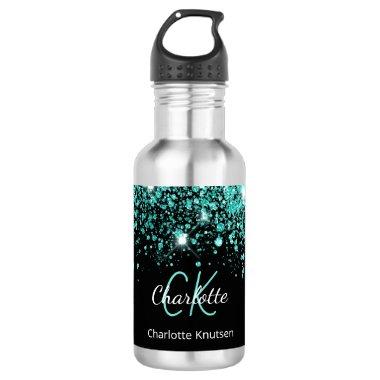 Black teal glitter monogram name glamorous stainless steel water bottle