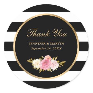 Black Vintage Watercolor Pink Floral Thank You Classic Round Sticker